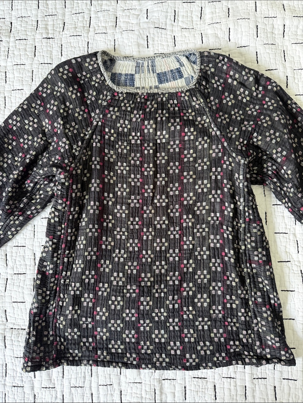 Ace & Jig Woven Double Pattern Black & Pink Women’s Peasant Top